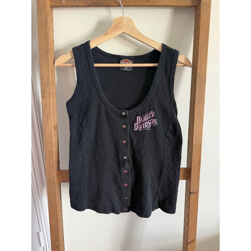 Rare Vintage HARLEY DAVIDSON 1996 Button Front Cardigan T Shirt 90s Black WMNS M